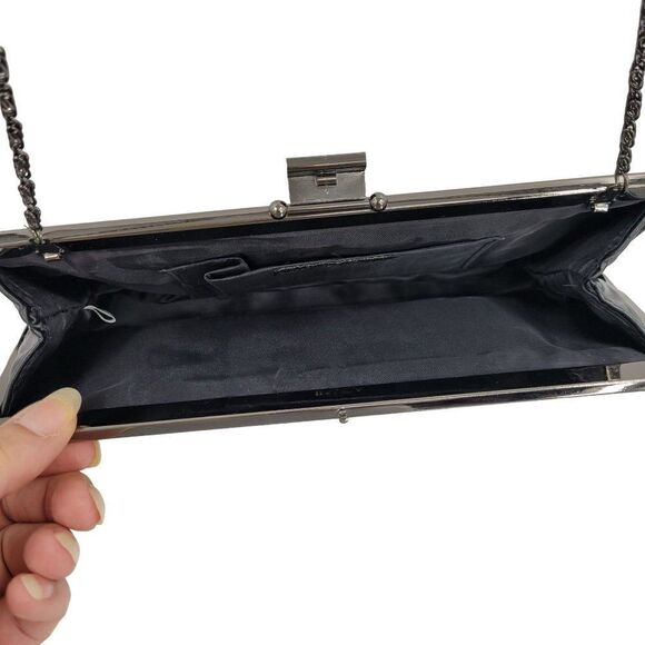 Jessica McClintock Evening Bag Black Convertible Clutch Faux Leather Gunmetal - Picture 8 of 17